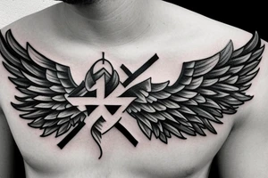 Tattoo with a cross in the center. cracks, lots of detail, hyperdetailing, wings, angel, letters, artistic strokes, line art tattoo idea