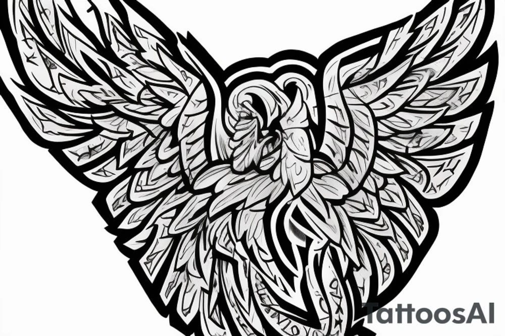Tattoo with a cross in the center. cracks, lots of detail, hyperdetailing, wings, angel, letters, artistic strokes, line tattoo idea