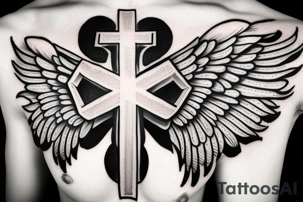 Tattoo with a cross in the center. cracks, lots of detail, hyperdetailing, wings, angel, letters, artistic strokes, line tattoo idea