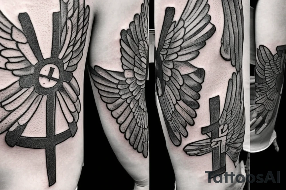 Tattoo with a cross in the center. cracks, lots of detail, hyperdetailing, wings, angel, letters, artistic strokes, line 
hieroglyphs,no fire,no  flowers, no Bad anatomy, no  crooked fingers,no  peoples, face tattoo idea