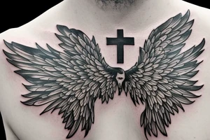 Tattoo with a cross in the center. cracks, lots of detail, hyperdetailing, wings, angel, letters, artistic strokes, line tattoo idea