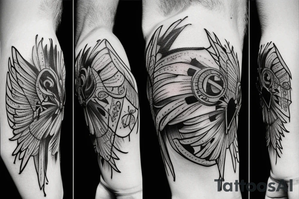 Tattoo with a cross in the center. cracks, lots of detail, hyperdetailing, wings, angel, letters, artistic strokes, line tattoo idea