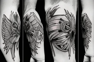 Tattoo with a cross in the center. cracks, lots of detail, hyperdetailing, wings, angel, letters, artistic strokes, line tattoo idea