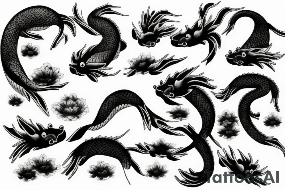 Black Koi Fish Japanese waves with lotus flowers with a black and grey Japanese dragon tattoo idea
