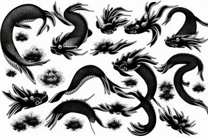 Black Koi Fish Japanese waves with lotus flowers with a black and grey Japanese dragon tattoo idea