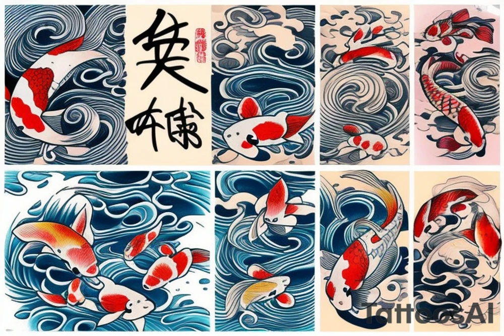 Koi Fish on arm with japanese water waves and japanese flowers tattoo idea