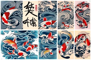 Koi Fish on arm with japanese water waves and japanese flowers tattoo idea
