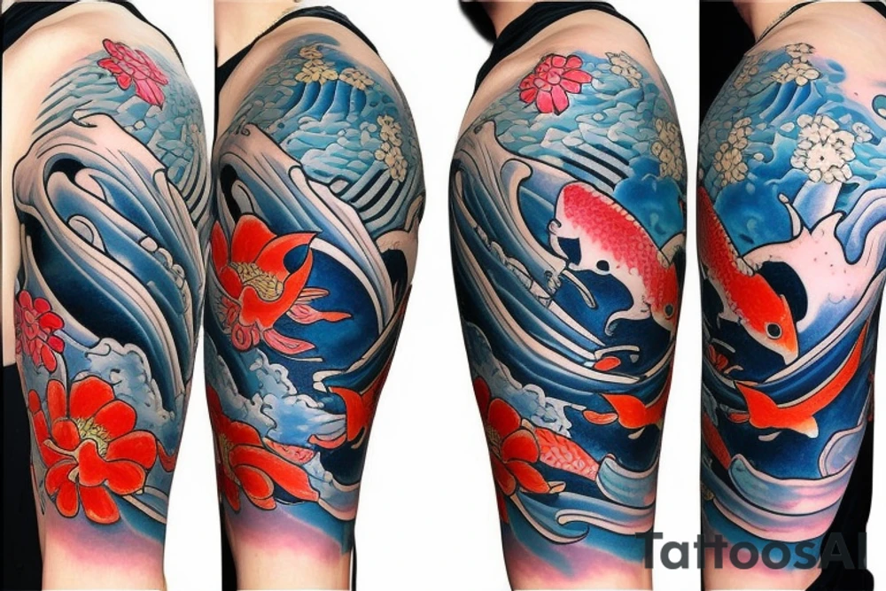 Koi Fish on arm with japanese water waves and japanese flowers tattoo idea