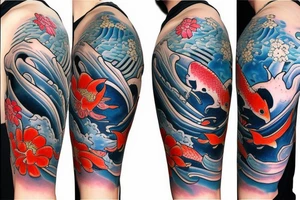 Koi Fish on arm with japanese water waves and japanese flowers tattoo idea