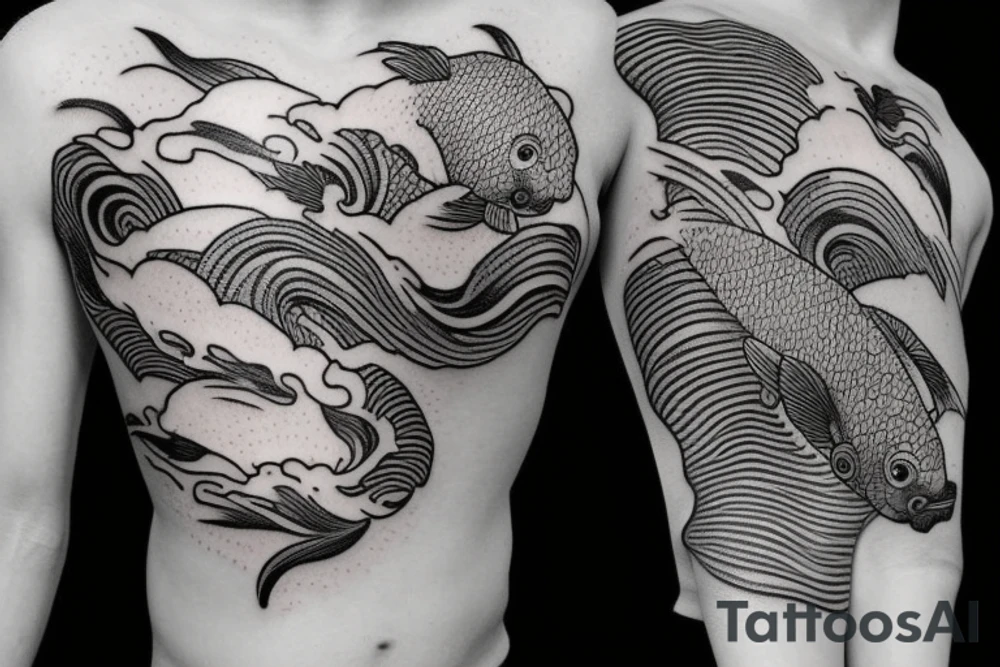 Koi Fish on arm with japanese water waves and japanese flowers tattoo idea
