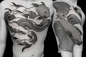 Koi Fish on arm with japanese water waves and japanese flowers tattoo idea