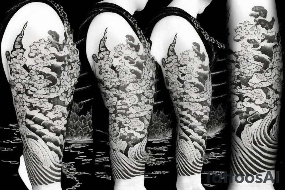 Koi Fish on arm with japanese water waves and japanese flowers tattoo idea
