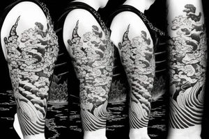 Koi Fish on arm with japanese water waves and japanese flowers tattoo idea