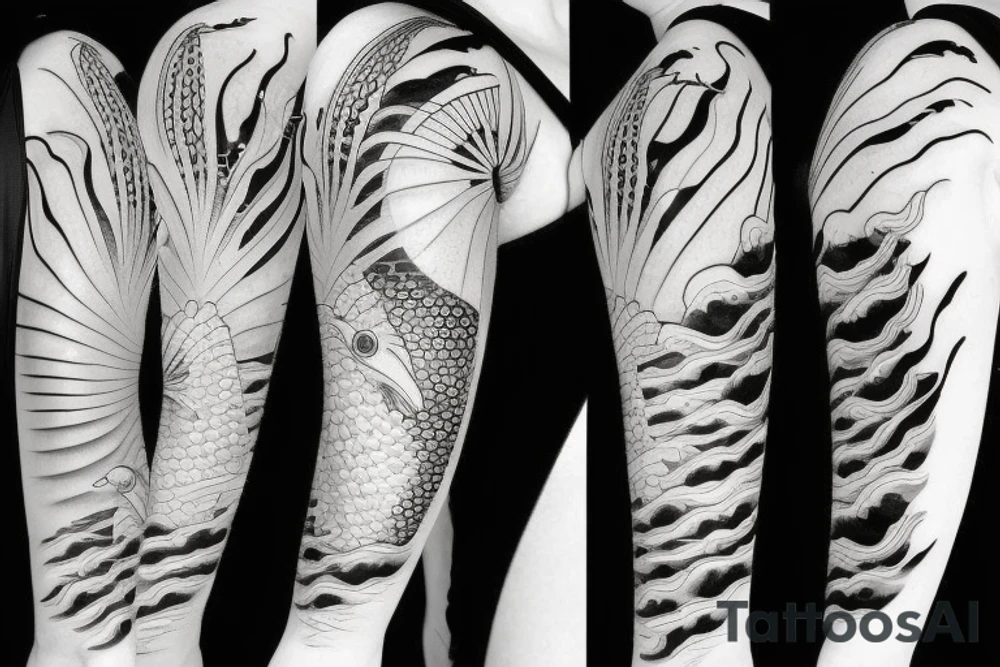 Koi Fish on arm with japanese water waves and japanese flowers tattoo idea