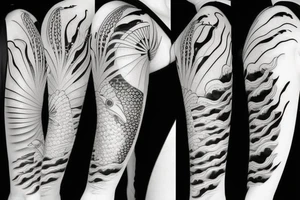 Koi Fish on arm with japanese water waves and japanese flowers tattoo idea