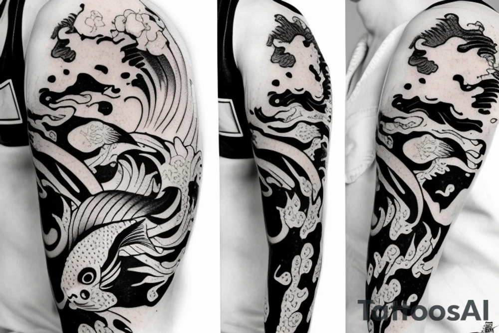 Koi Fish on arm with japanese water waves and japanese flowers tattoo idea