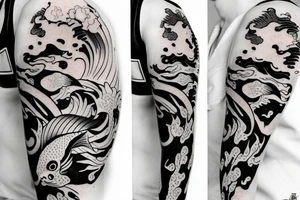 Koi Fish on arm with japanese water waves and japanese flowers tattoo idea