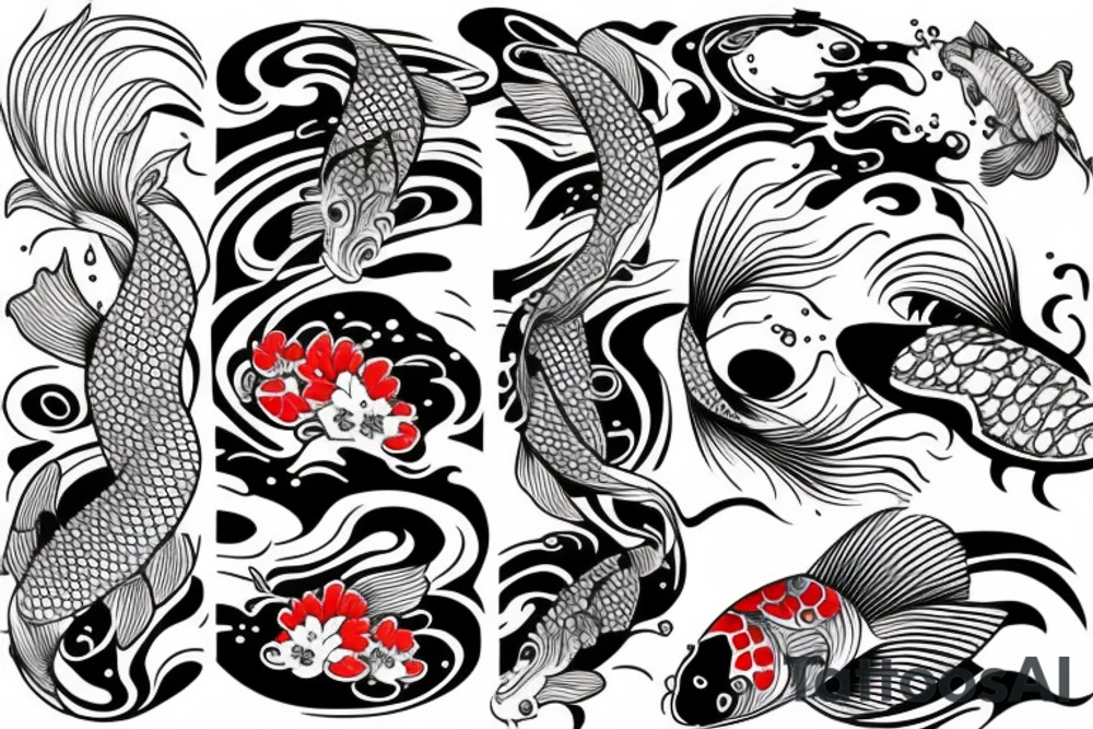 Koi Fish on arm with japanese water waves and japanese flowers tattoo idea