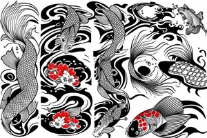 Koi Fish on arm with japanese water waves and japanese flowers tattoo idea