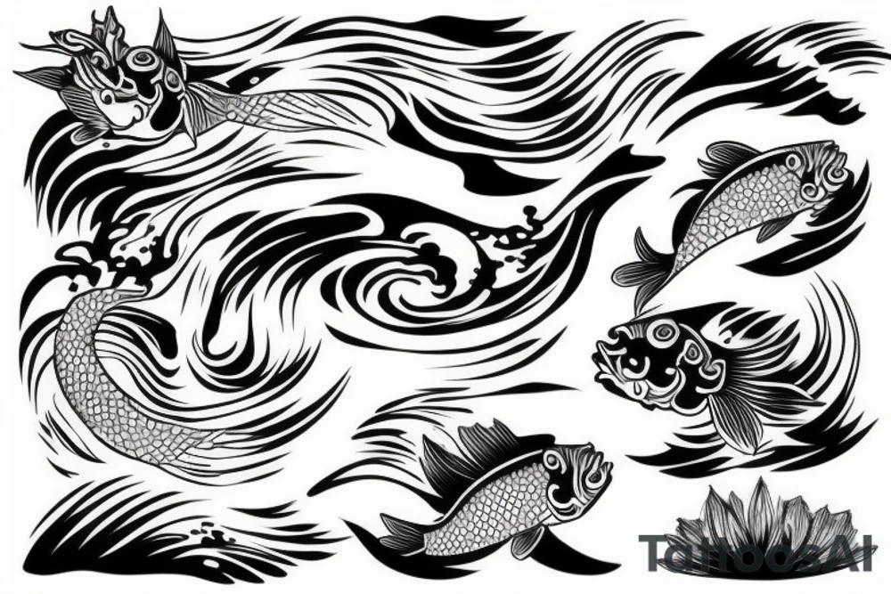 Koi Fish on arm with japanese water waves and japanese flowers tattoo idea