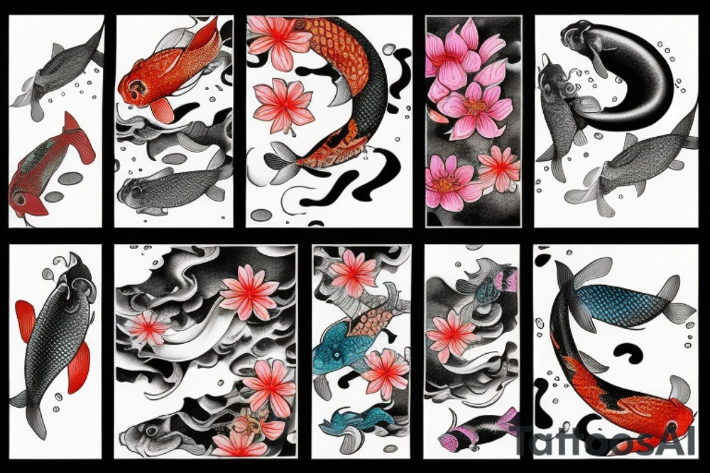 Koi Fish on arm with japanese water waves and japanese flowers tattoo idea