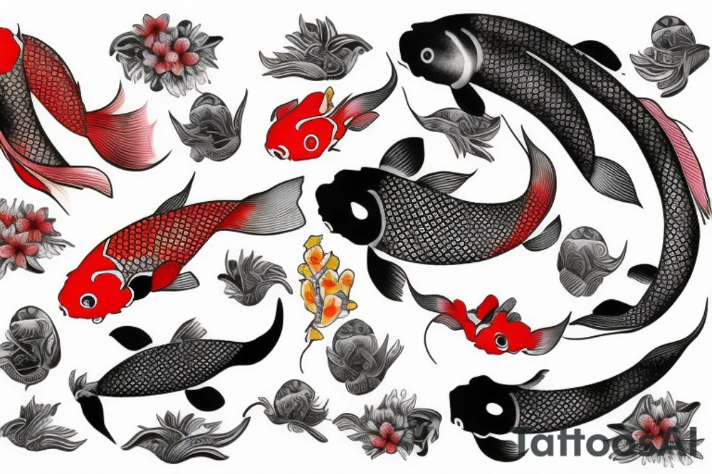 Koi Fish on arm with japanese water waves and japanese flowers tattoo idea