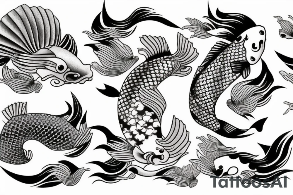 Koi Fish on arm with japanese water waves and japanese flowers tattoo idea
