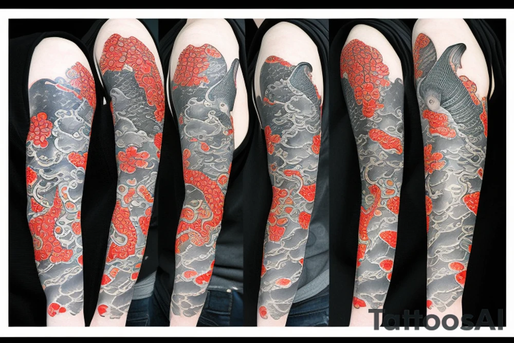 Koi Fish on arm with japanese water waves and japanese flowers tattoo idea