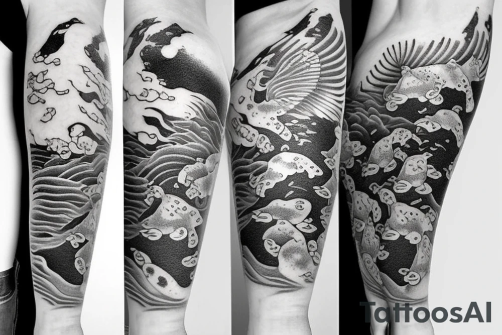Koi Fish on arm with japanese water waves and japanese flowers tattoo idea