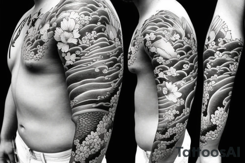 Koi Fish on arm with japanese water waves and japanese flowers tattoo idea