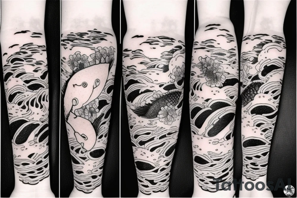 Koi Fish on arm with japanese water waves and japanese flowers tattoo idea