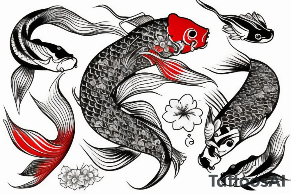 Koi Fish on arm with japanese water waves and japanese flowers tattoo idea
