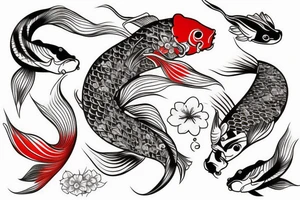 Koi Fish on arm with japanese water waves and japanese flowers tattoo idea