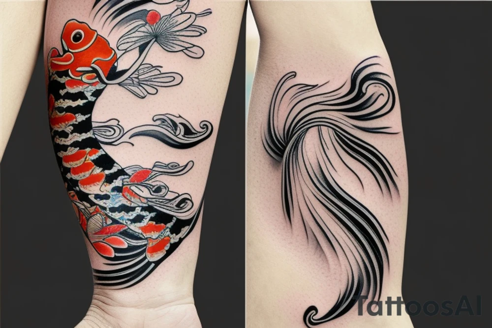 Koi Fish on arm with japanese water waves and japanese flowers tattoo idea