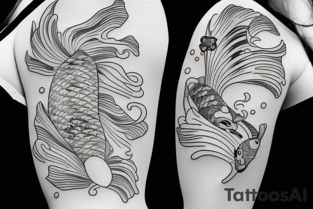 Koi Fish on arm with japanese water waves and japanese flowers tattoo idea