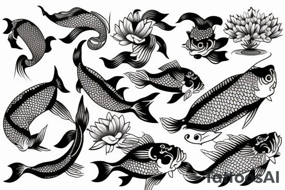 Koi Fish on arm with japanese water waves and japanese flowers tattoo idea