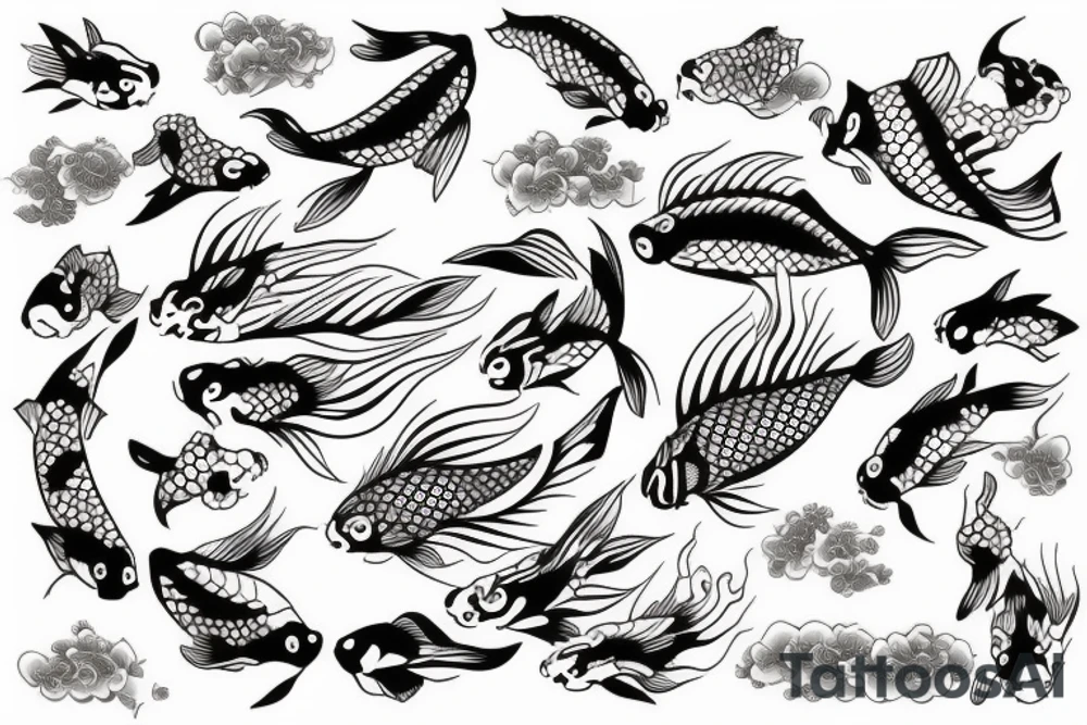 Koi Fish on arm with japanese water waves and japanese flowers tattoo idea