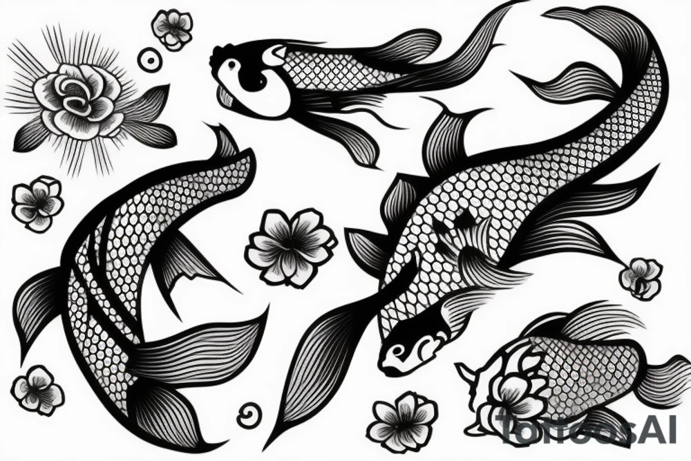 Koi Fish on arm with japanese water waves and japanese flowers tattoo idea