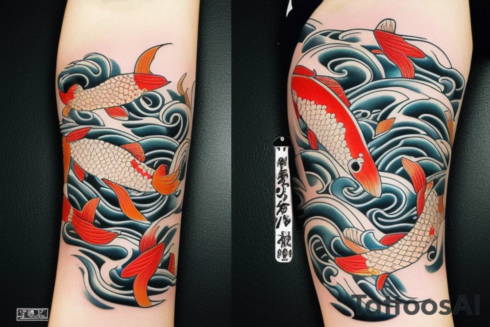 Koi Fish on arm with japanese water waves and japanese flowers tattoo idea