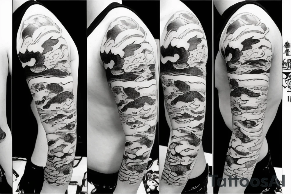 Koi Fish on arm with japanese water waves and japanese flowers tattoo idea