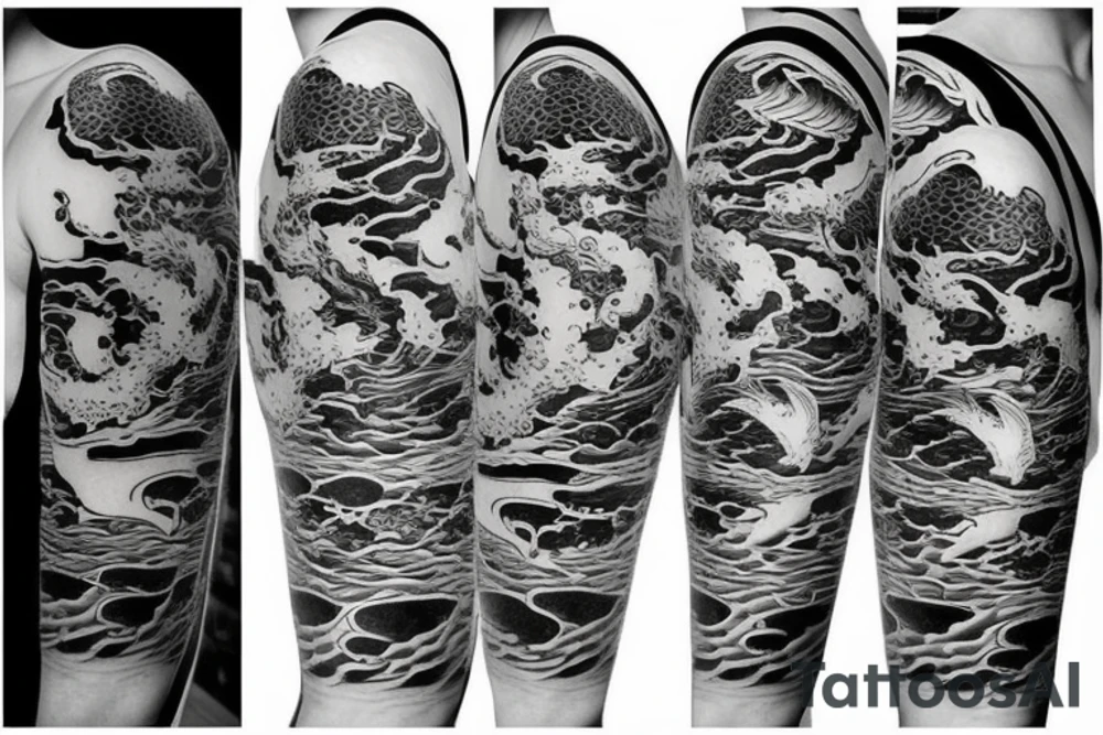 Koi Fish on arm with japanese water waves and japanese flowers tattoo idea