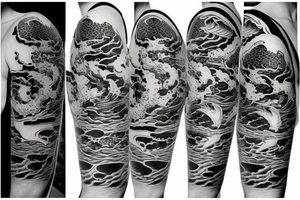 Koi Fish on arm with japanese water waves and japanese flowers tattoo idea