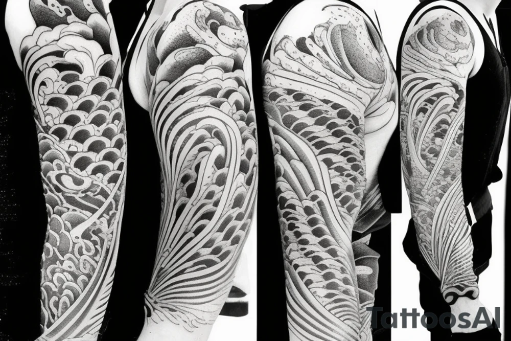 Koi Fish on arm with japanese water waves and japanese flowers tattoo idea