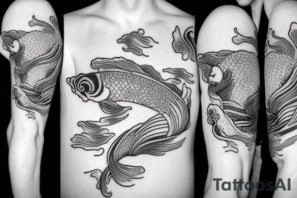 Koi Fish on arm with japanese water waves and japanese flowers tattoo idea