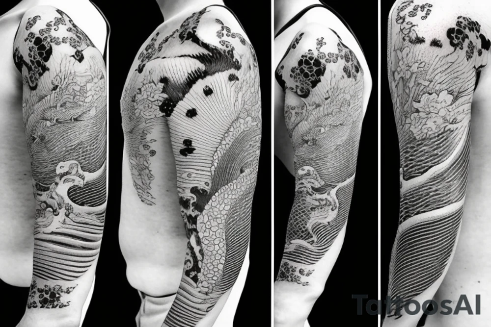 Koi Fish on arm with japanese water waves and japanese flowers tattoo idea