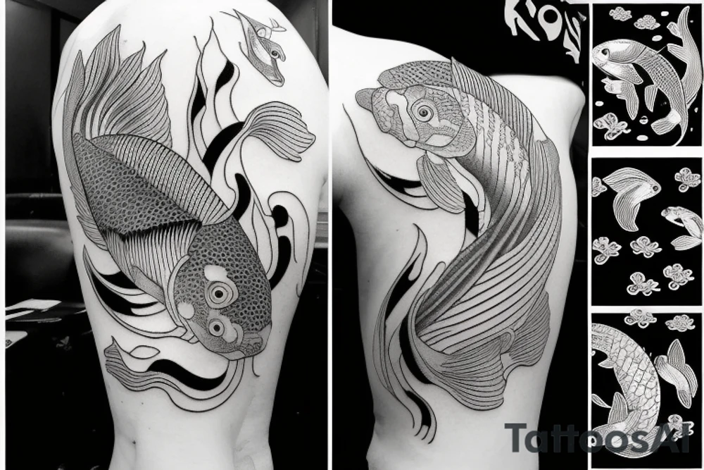 Koi Fish on arm with japanese water waves and japanese flowers tattoo idea