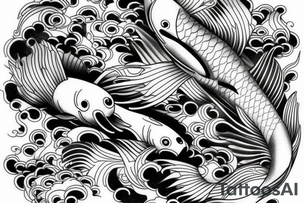 Koi Fish on arm with japanese water waves and japanese flowers tattoo idea