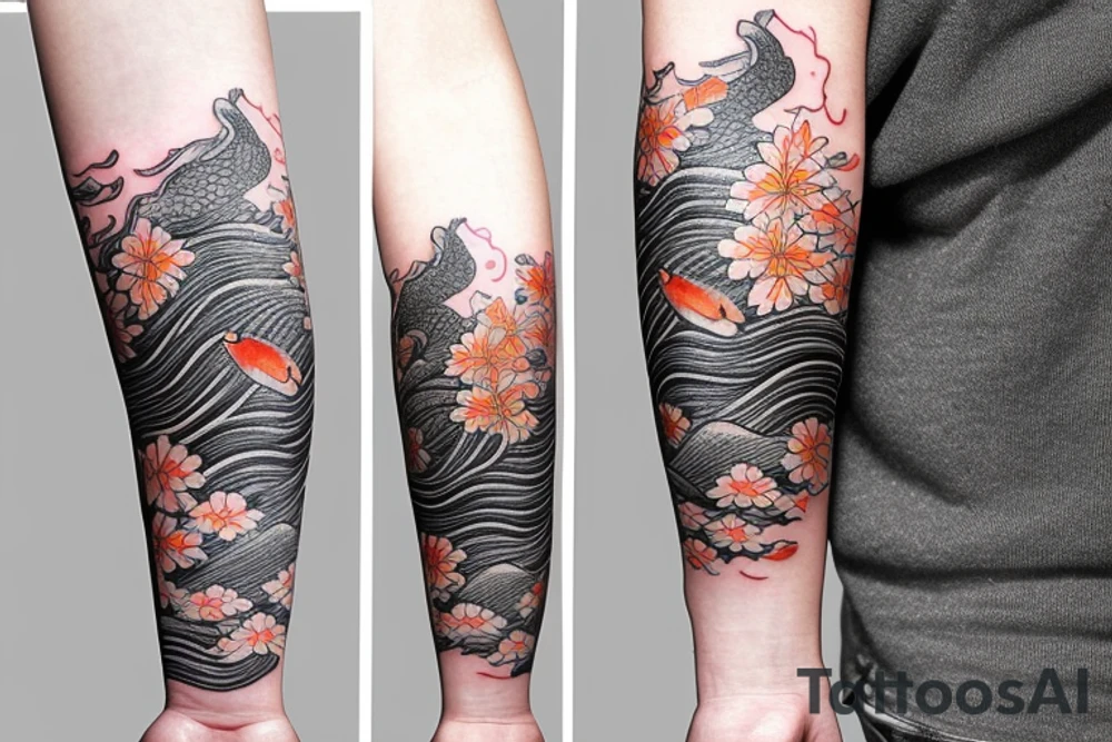 Koi Fish on arm with japanese water waves and japanese flowers tattoo idea