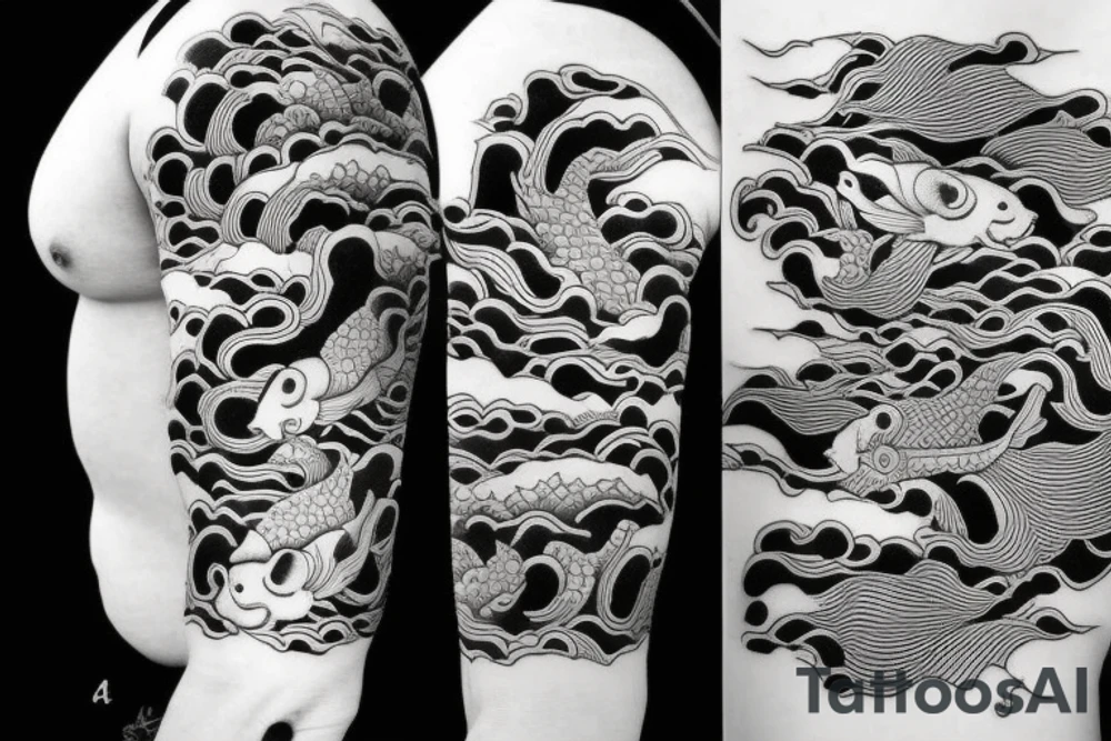 Koi Fish on arm with japanese water waves and japanese flowers tattoo idea
