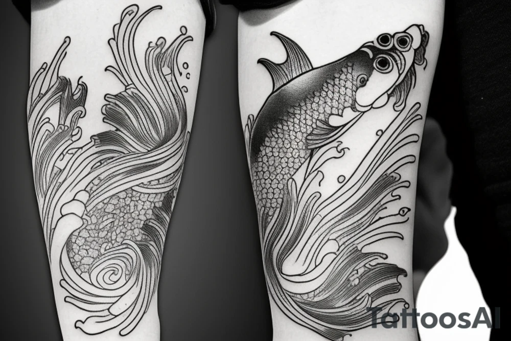 Koi Fish on arm with japanese water waves and japanese flowers tattoo idea